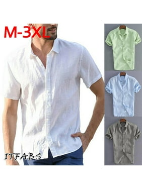 Top for Men Summer Tee Fashion Stand Collar Strip Print Short Sleeve Shirt Top Blouse Baggy Button T-Shirt M-3XL